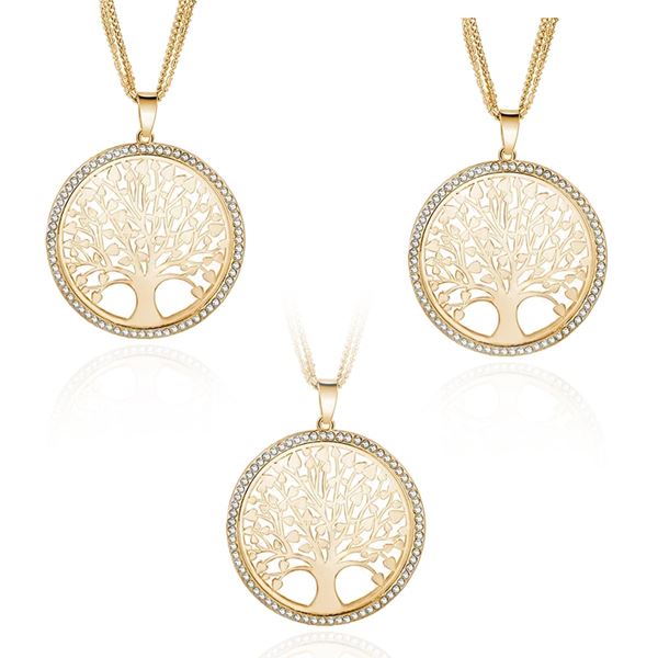 3 Sets of Tree of Life - Pendant Necklace With Rhinestones