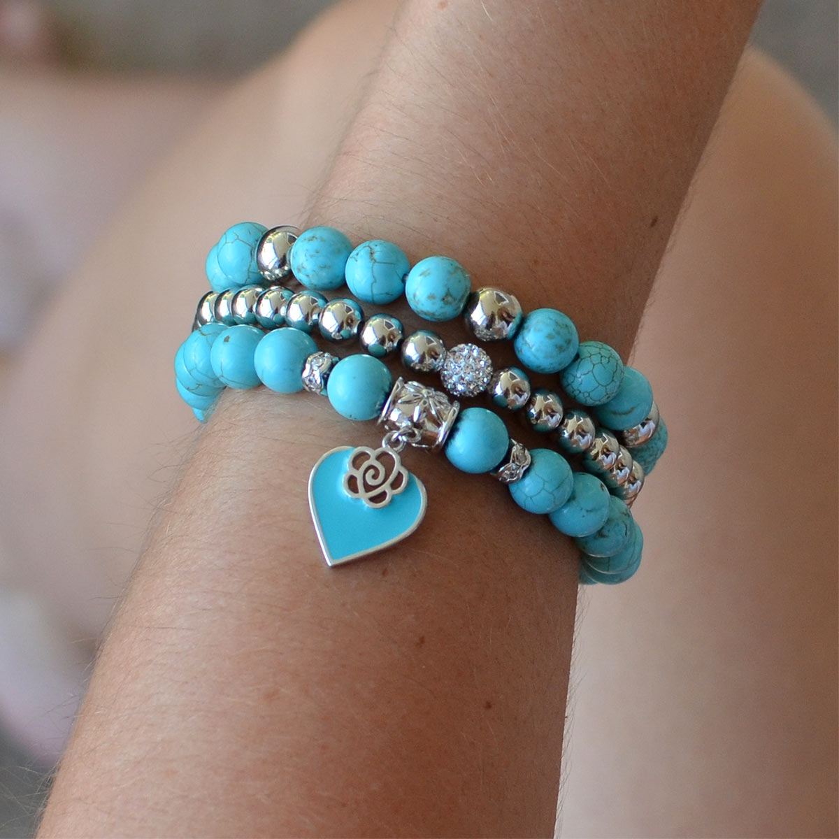 Turquoise Rose Beaded Bracelet Set