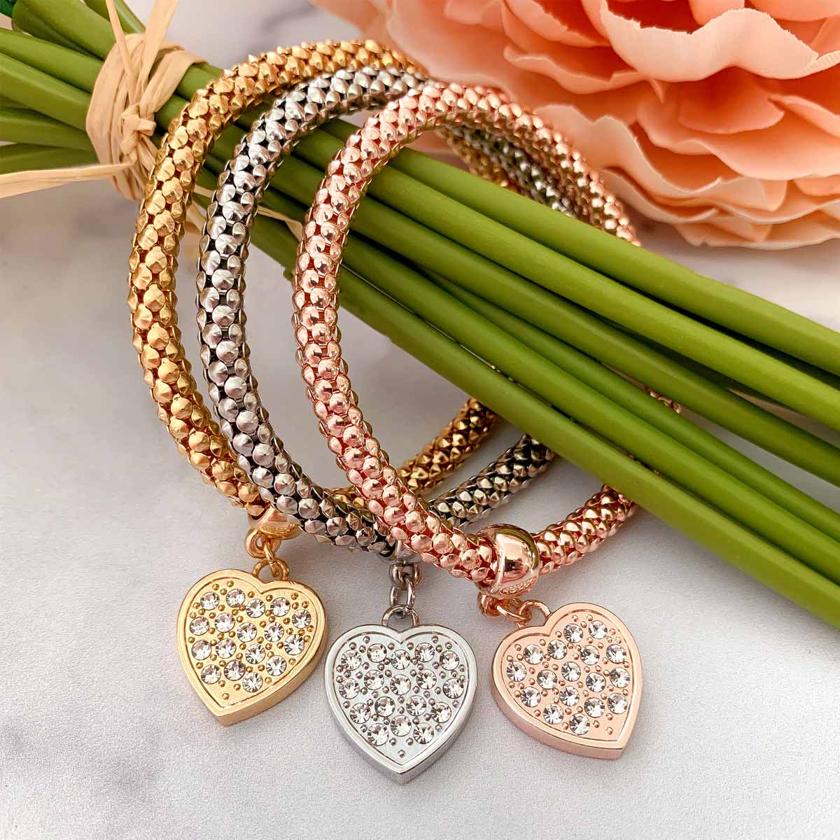 Pave Crystal Heart Charm Bracelets
