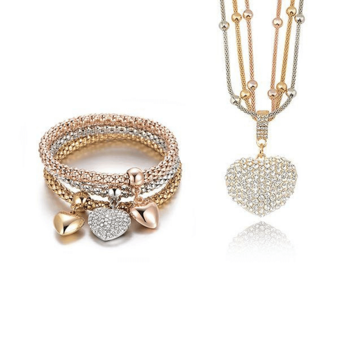Solid Hearts Charm Bracelet Set With Crystal Studded Heart Pendant Necklace ($30 Value)