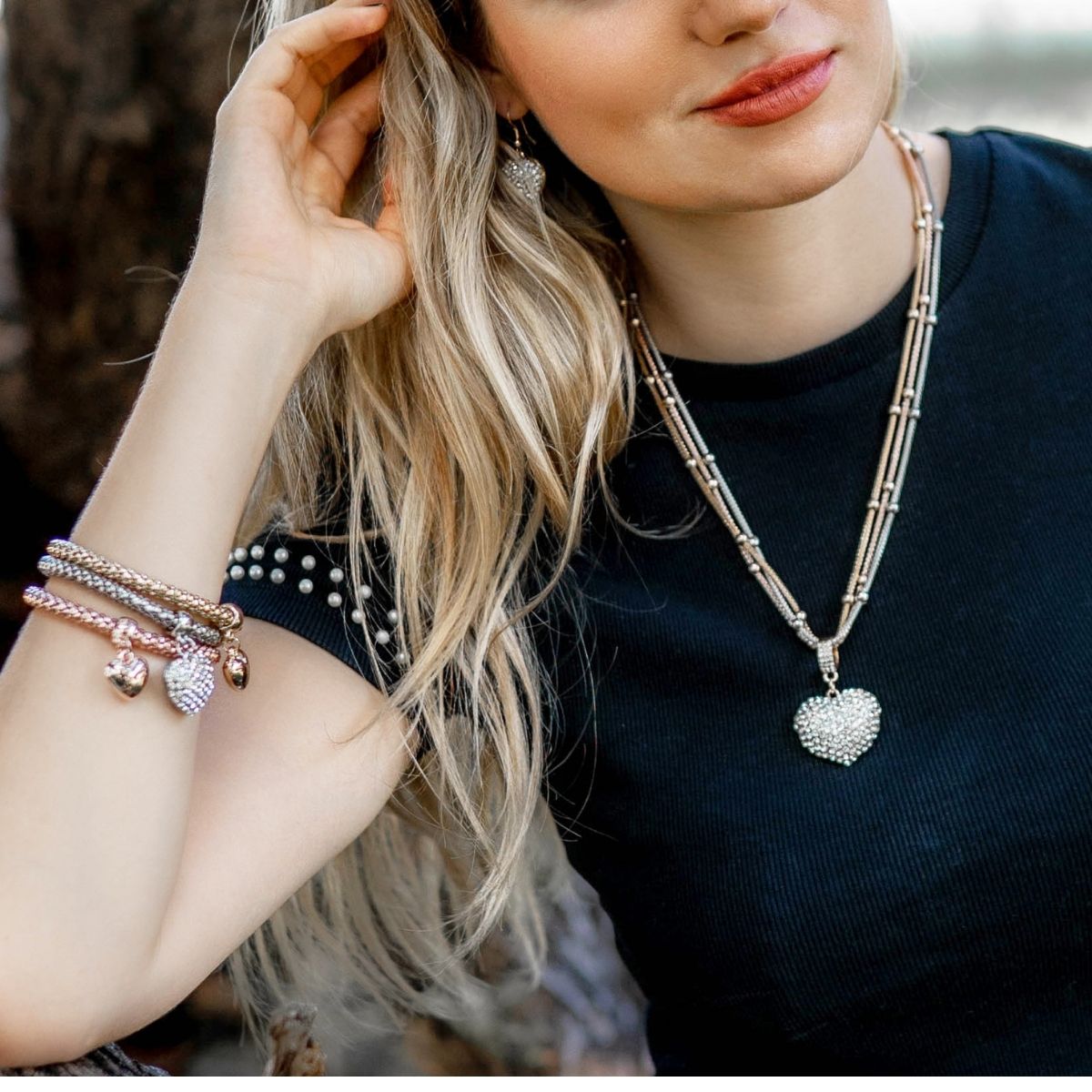 Solid Hearts Charm Bracelet Set With Crystal Studded Heart Pendant Necklace ($30 Value)