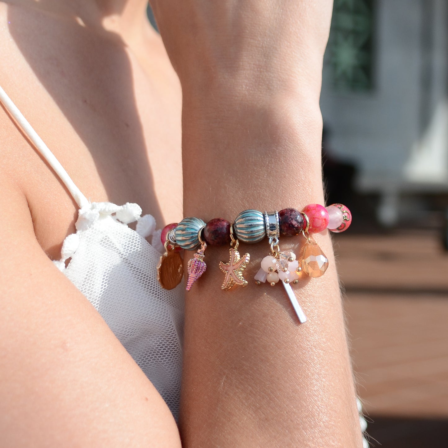 Seaside Summer Beaded Bracelet (Pink, Blue & Green)