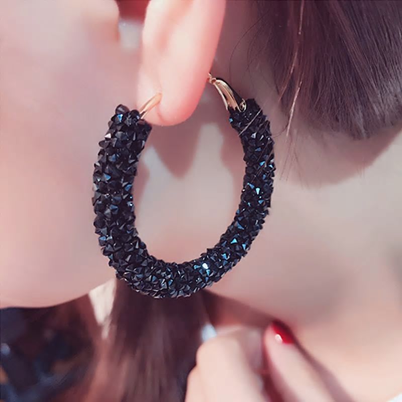 Night Fever Black Austrian Crystal Hoop Earrings