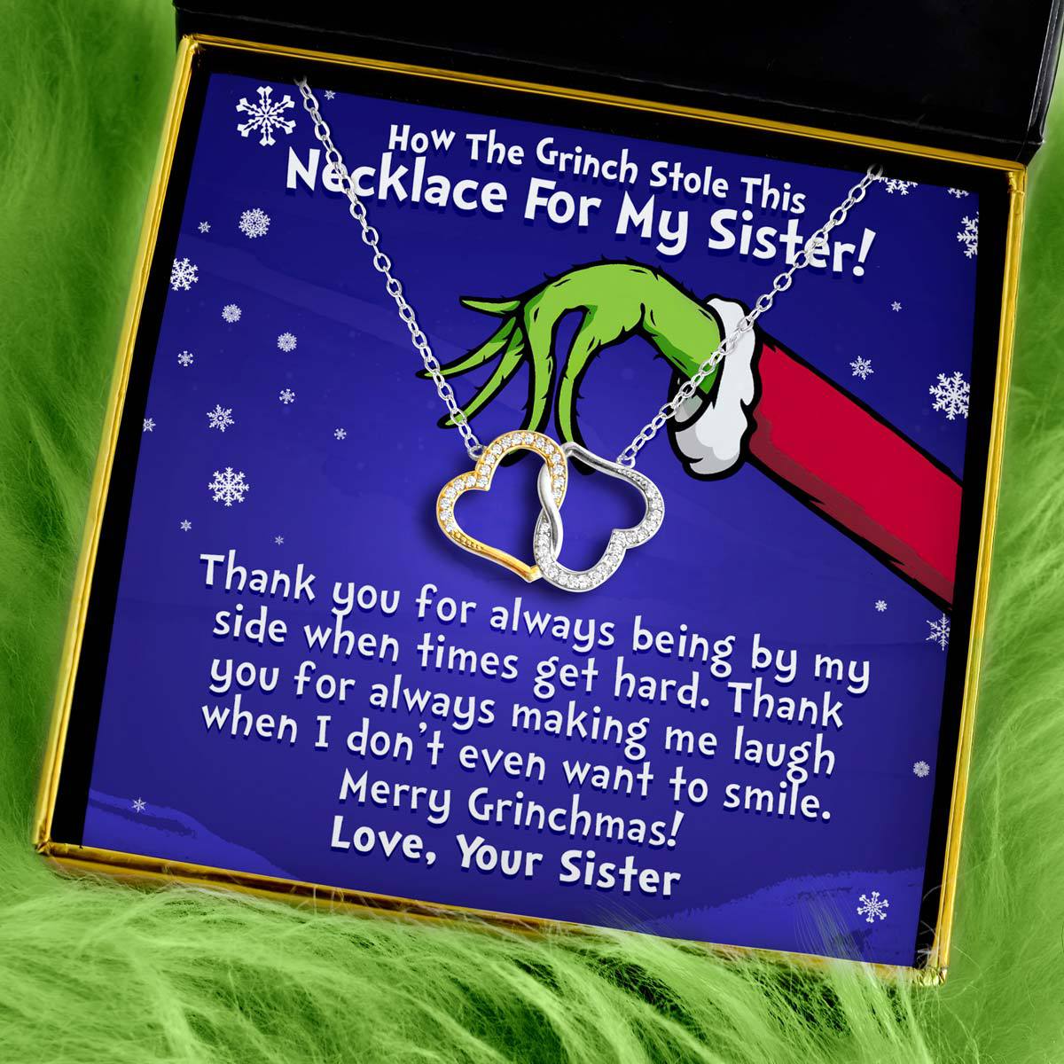For My Sister, Merry Grinchmas - Joined Heart Two Tone Silver Necklace Gift Set