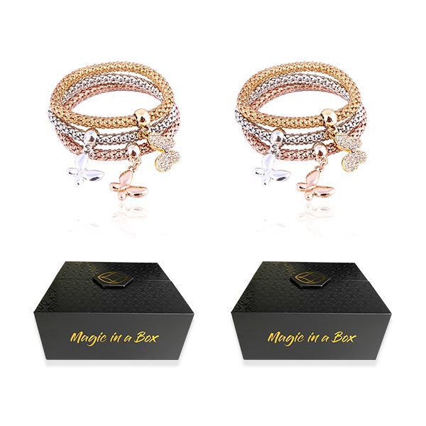 Magic in a Box - 2 Solid Butterfly Charm Bracelets Gift Sets