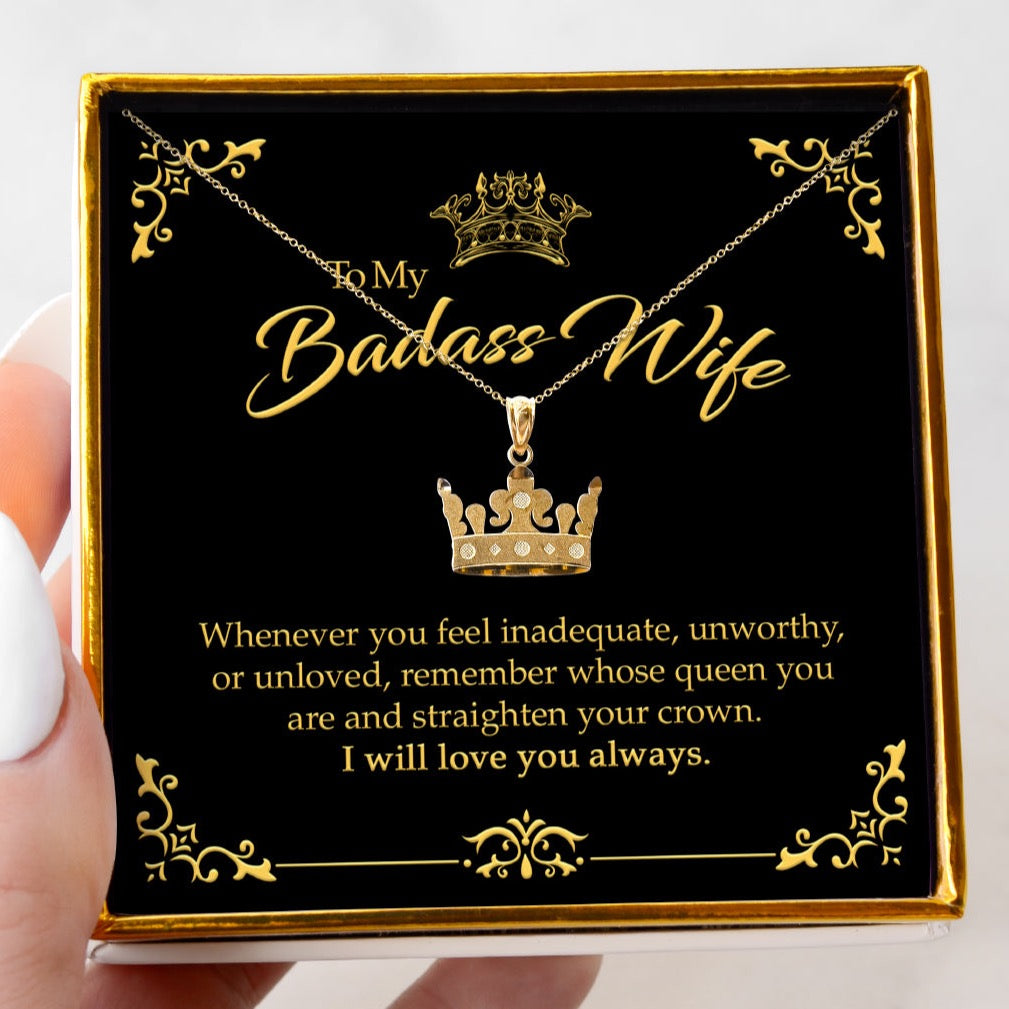 To My Badass Wife - Solid Gold Crown Necklace Gift Set