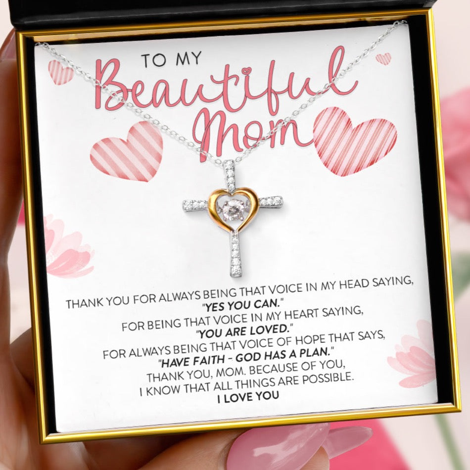 To My Beautiful Mom, Thank you - Dancing Crystal Heart Cross Necklace Gift Set