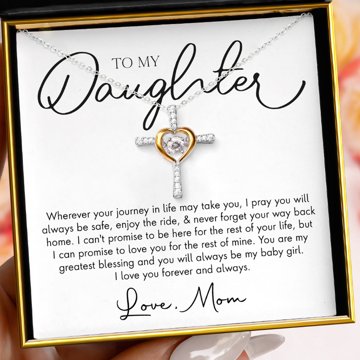 To My Daughter, Love Mom - Dancing Crystal Heart Cross Necklace Gift Set