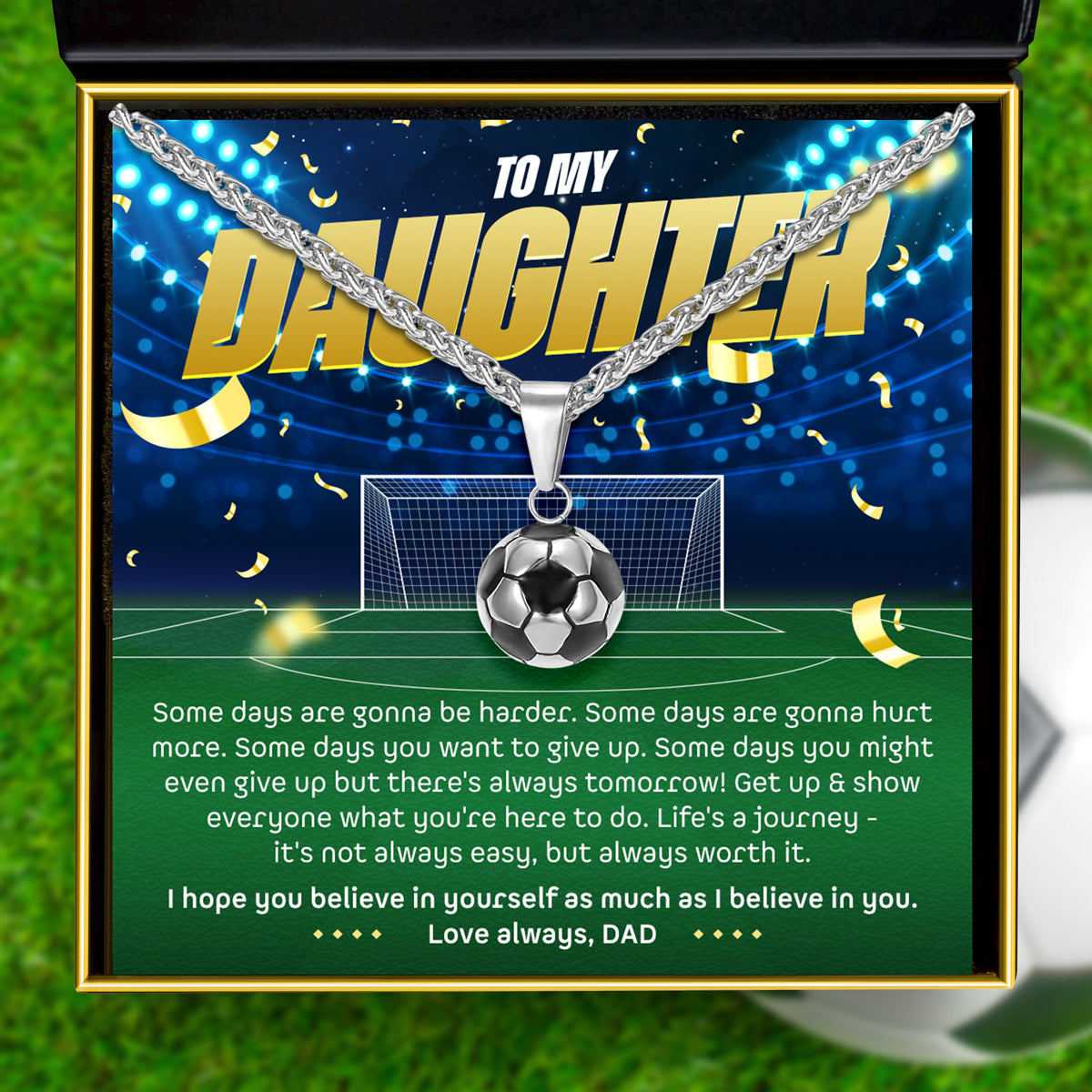 To My Daughter, Love Dad (Motivational Sports Card) - Soccer/ Football Necklace Gift Set