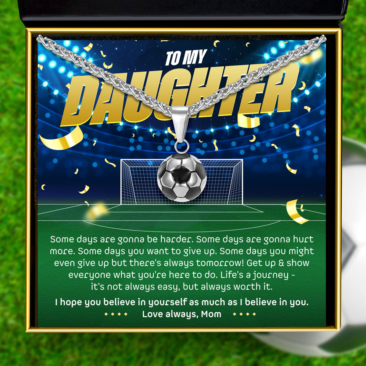 To My Daughter, Love Mom (Motivational Sports Card) - Soccer/ Football Necklace Gift Set