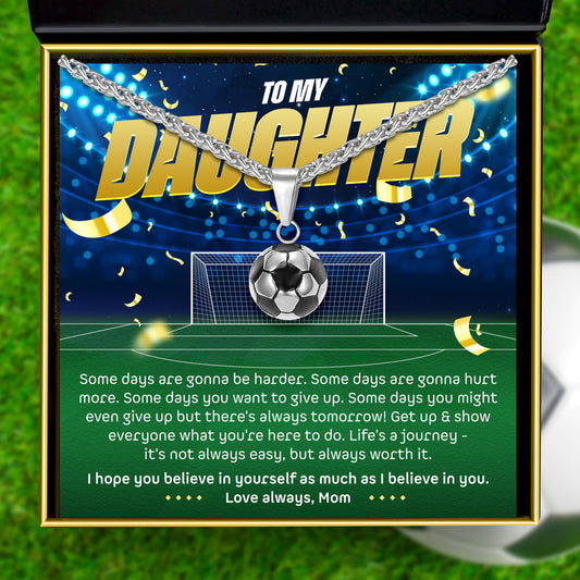 To My Daughter, Love Mom (Motivational Sports Card) - Soccer/ Football Necklace Gift Set