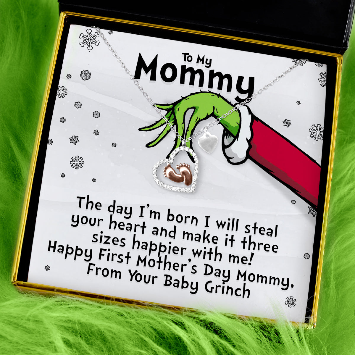 To My Mommy, First Mother’s Day (Baby Grinch) - Baby Feet Heart Necklace Gift Set