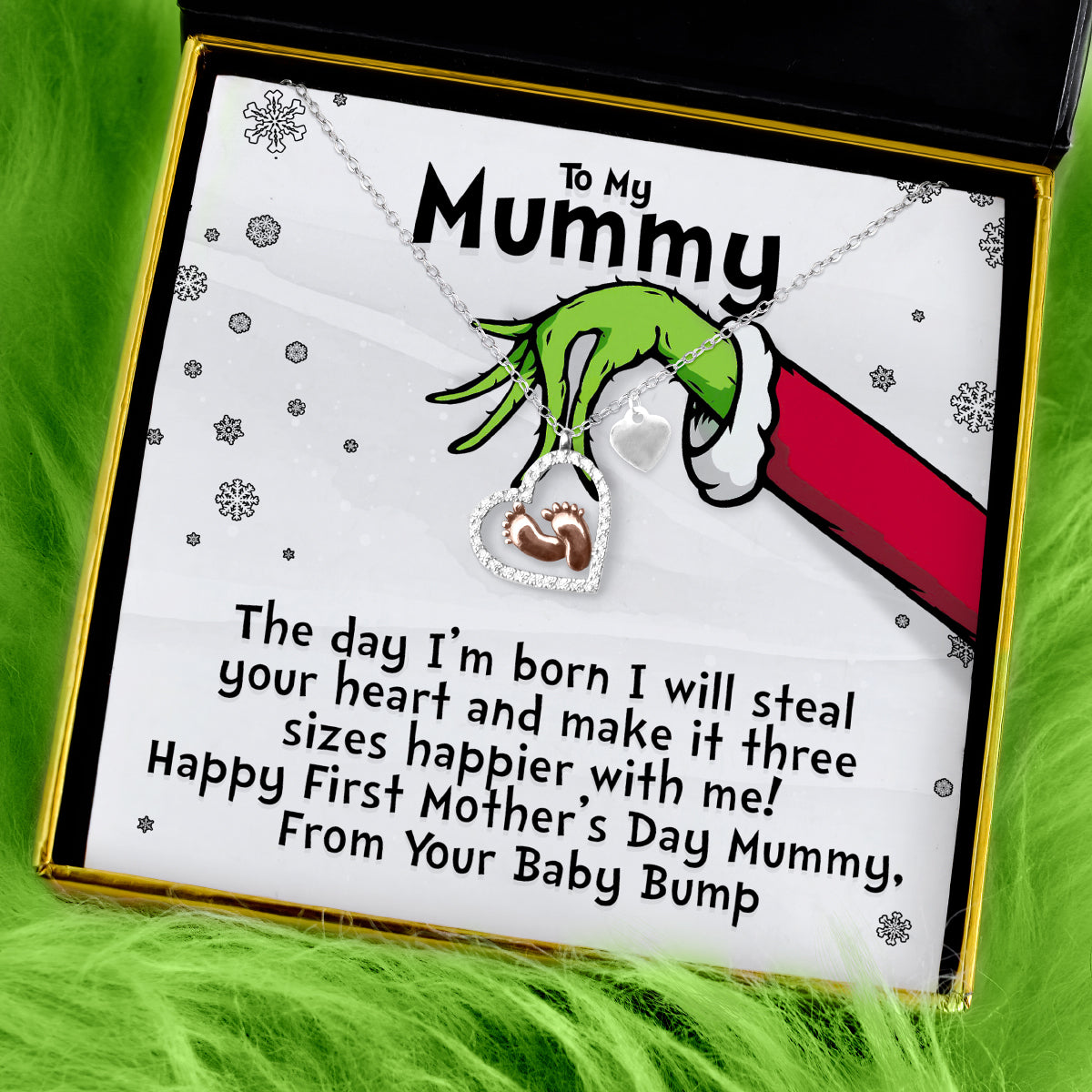 To My Mummy, First Mother’s Day (Green Hand Card) - Baby Feet Heart Necklace Gift Set