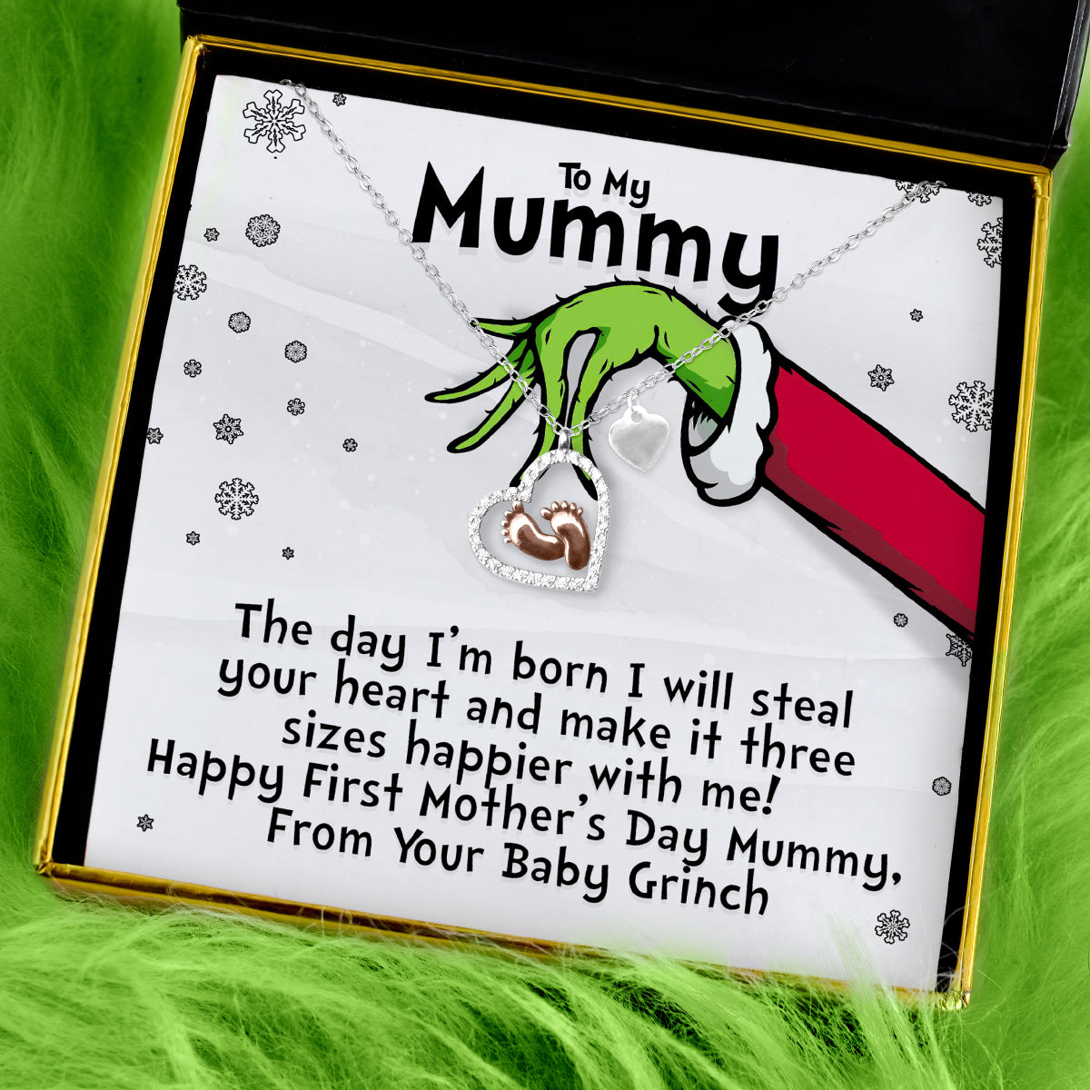 To My Mummy, First Mother’s Day (Baby Grinch) - Baby Feet Heart Necklace Gift Set