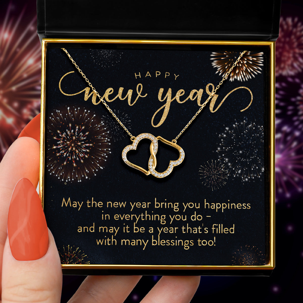 Happy New Year - Gold Joined Hearts Necklace Gift Set