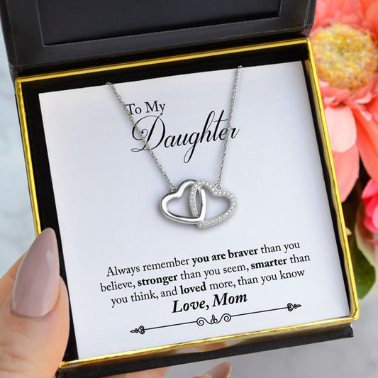 To My Daughter, Love Mom - Sterling Silver Joined Hearts Necklace Gift Set