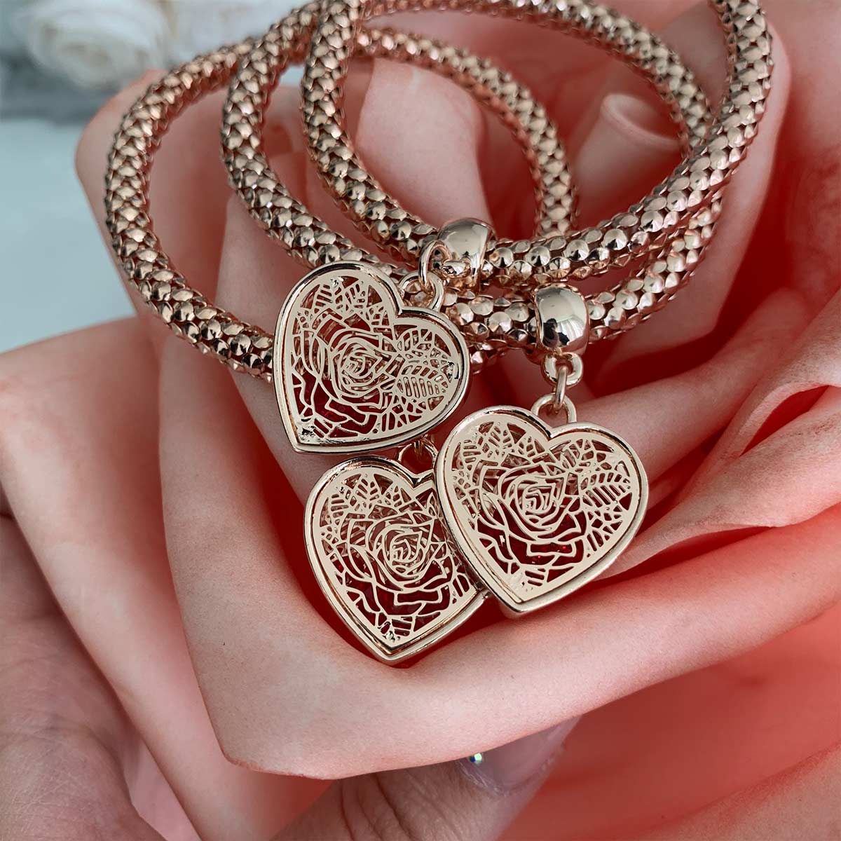 2 Sets of Blush Gold Rose Charm Bracelets