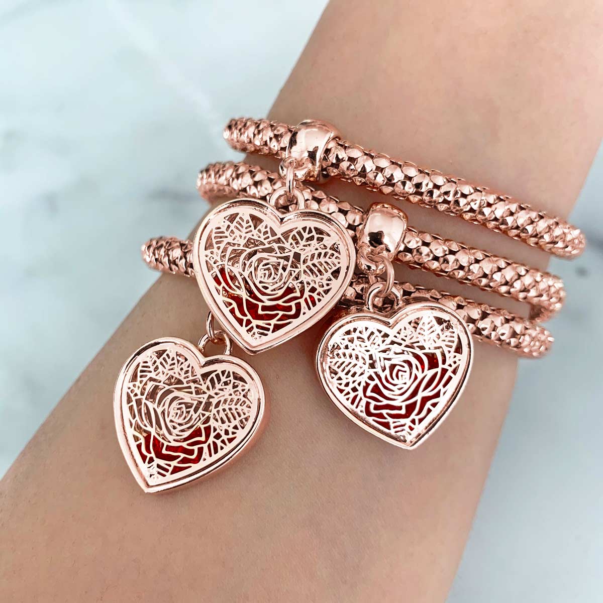 2 Sets of Blush Gold Rose Charm Bracelets