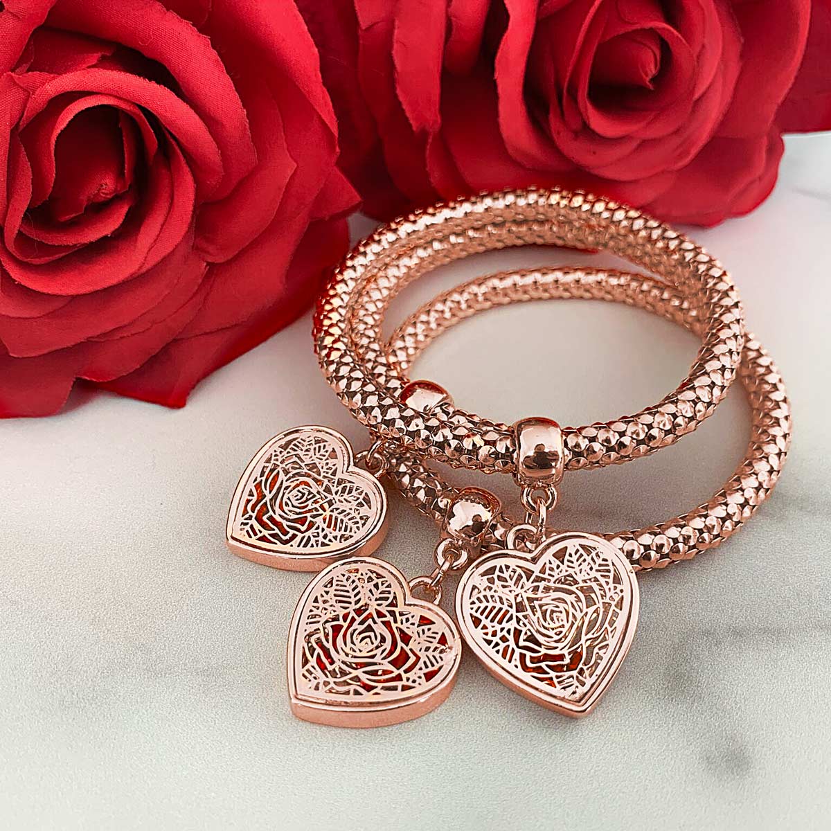 3 Sets of Blush Gold Rose Charm Bracelets