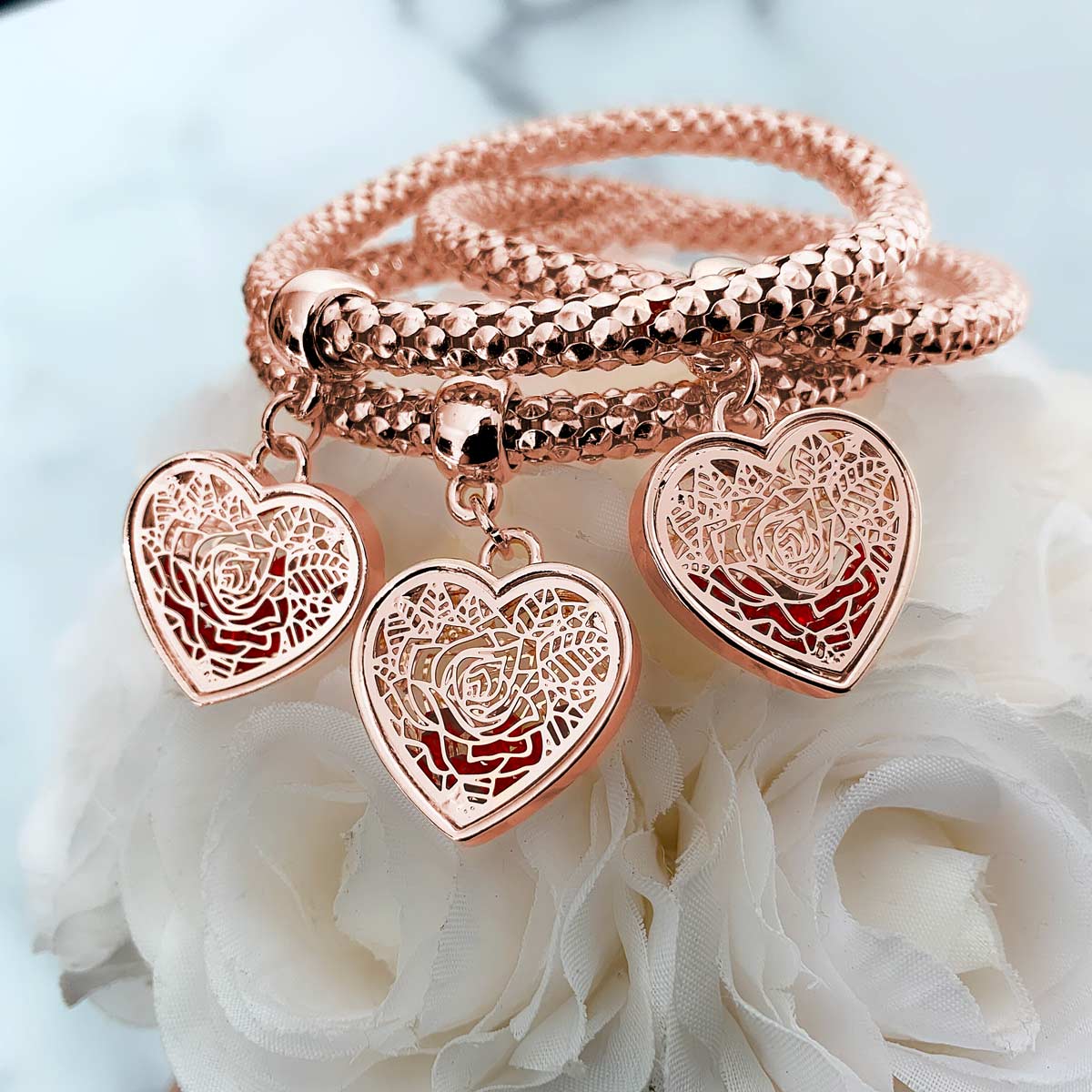 2 Sets of Blush Gold Rose Charm Bracelets