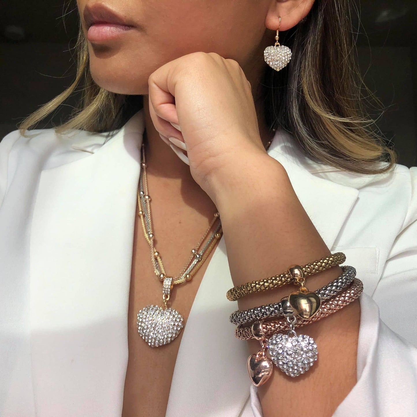 Solid Hearts Charm Bracelet Set With Crystal Studded Heart Pendant Necklace ($30 Value)
