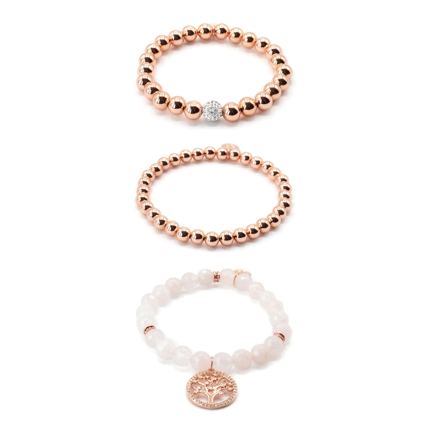 Lovingly Rose Quartz Tree of Life Charm Bracelet Set