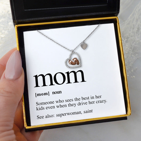 MOM Noun - Baby Feet Heart Pendant Necklace Gift Set