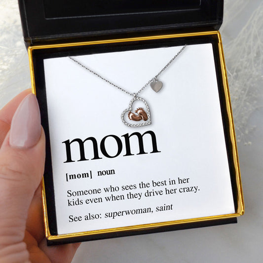 MOM Noun - Baby Feet Heart Pendant Necklace Gift Set