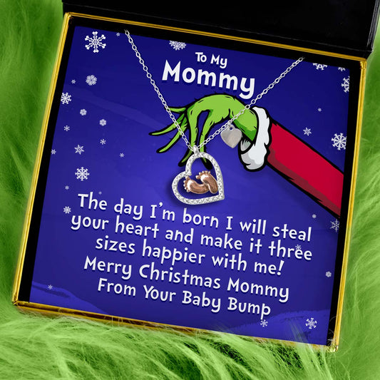 To My Mommy, Merry Christmas (Holiday Card) - Baby Feet Heart Necklace Gift Set