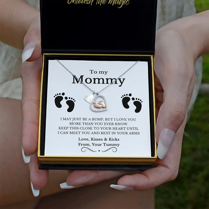 To My Mommy, I May Just Be a Bump - Baby Feet Heart Pendant Necklace Gift Set