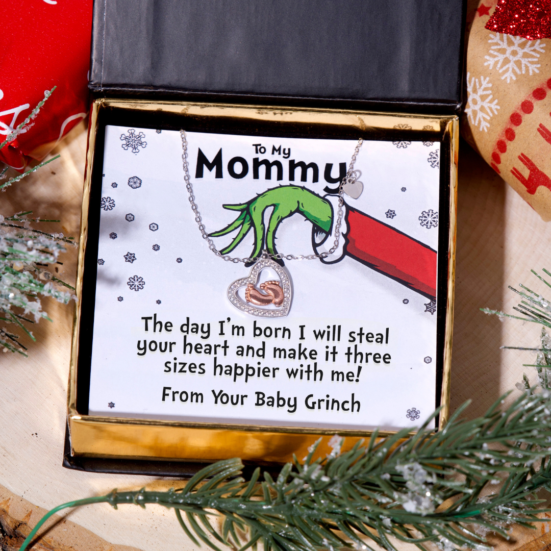 To My Mommy, the Day I'm Born (Baby Grinch) - Baby Feet Heart Necklace Gift Set