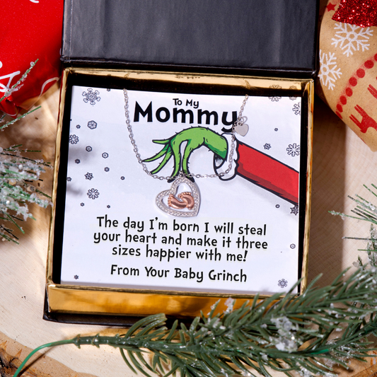 To My Mommy, the Day I'm Born (Baby Grinch) - Baby Feet Heart Necklace Gift Set