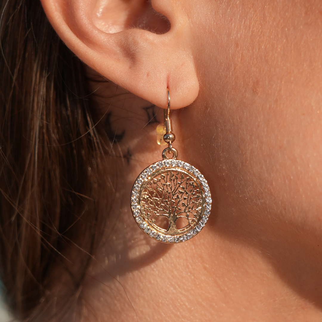Tree Of Life Gold w/ Rhinestones Earrings