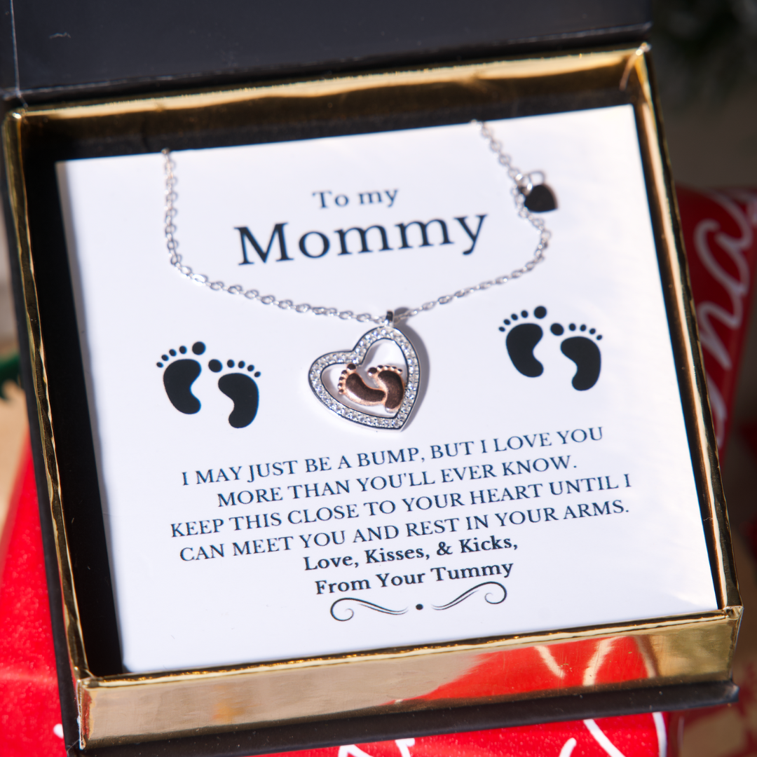 To My Mommy - Baby Feet Heart Pendant Necklace Gift Set