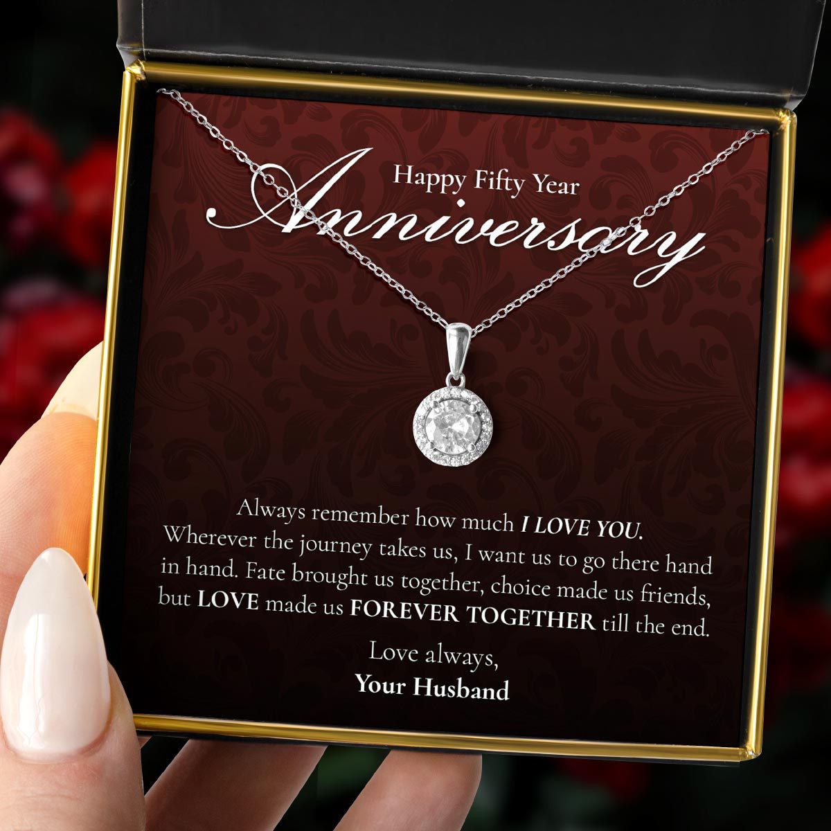 Happy Fifty Year Anniversary - Classique Sterling Silver Halo Pendant Necklace Gift Set
