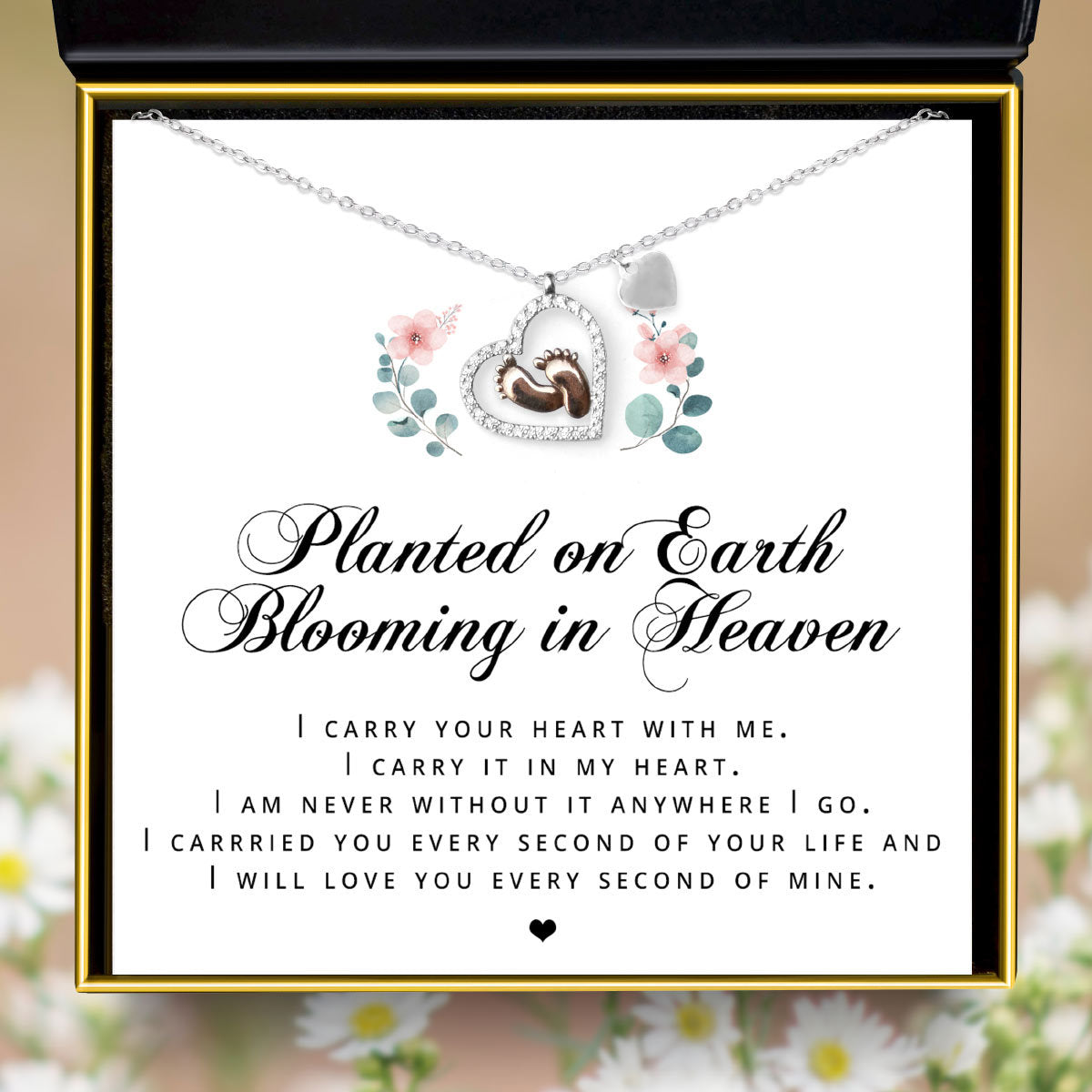 Planted on Earth, Blooming in Heaven - Baby Feet Heart Pendant Necklace Gift Set