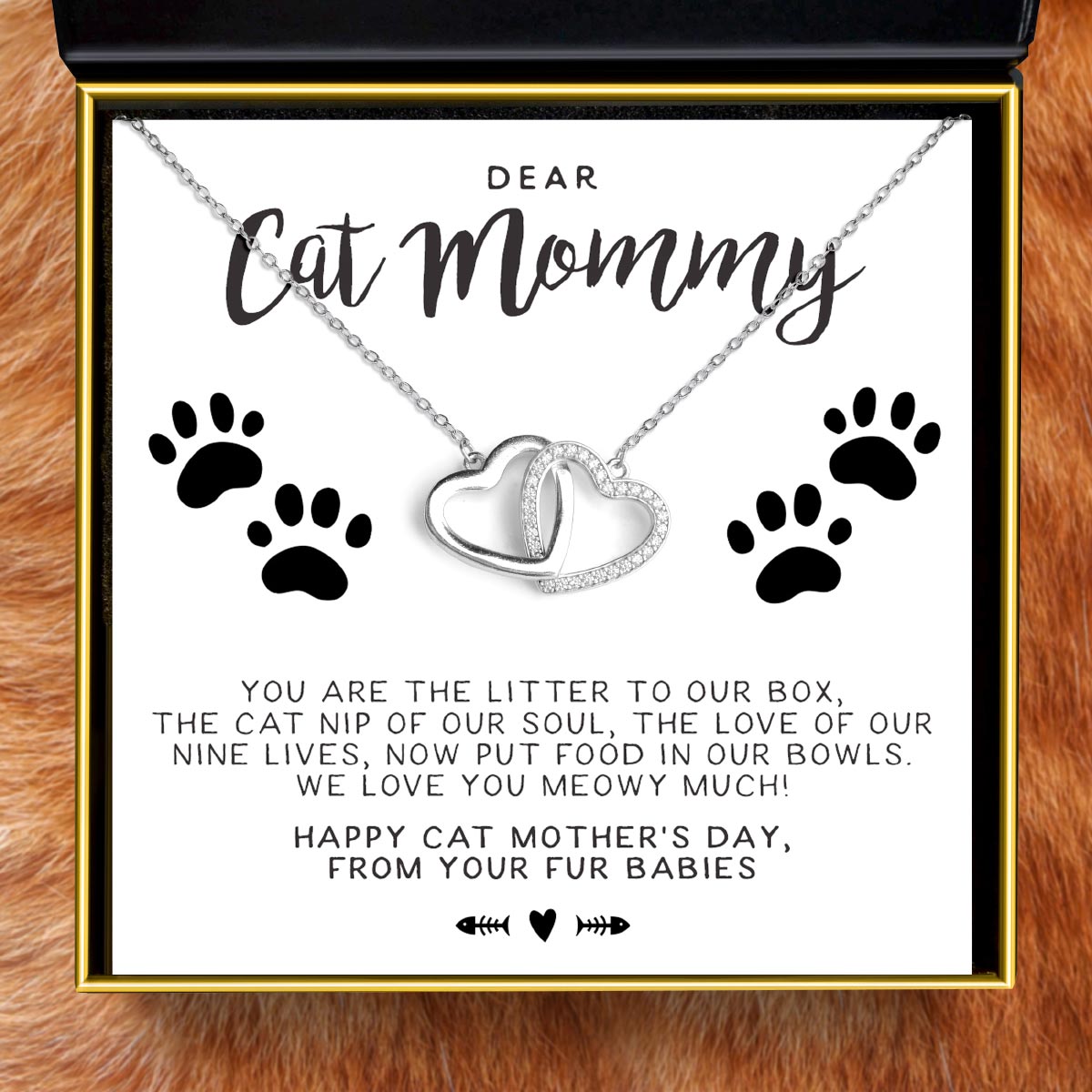 To My Cat Mommy On Mother's Day - Sterling Silver Joined Hearts Necklace Gift Set