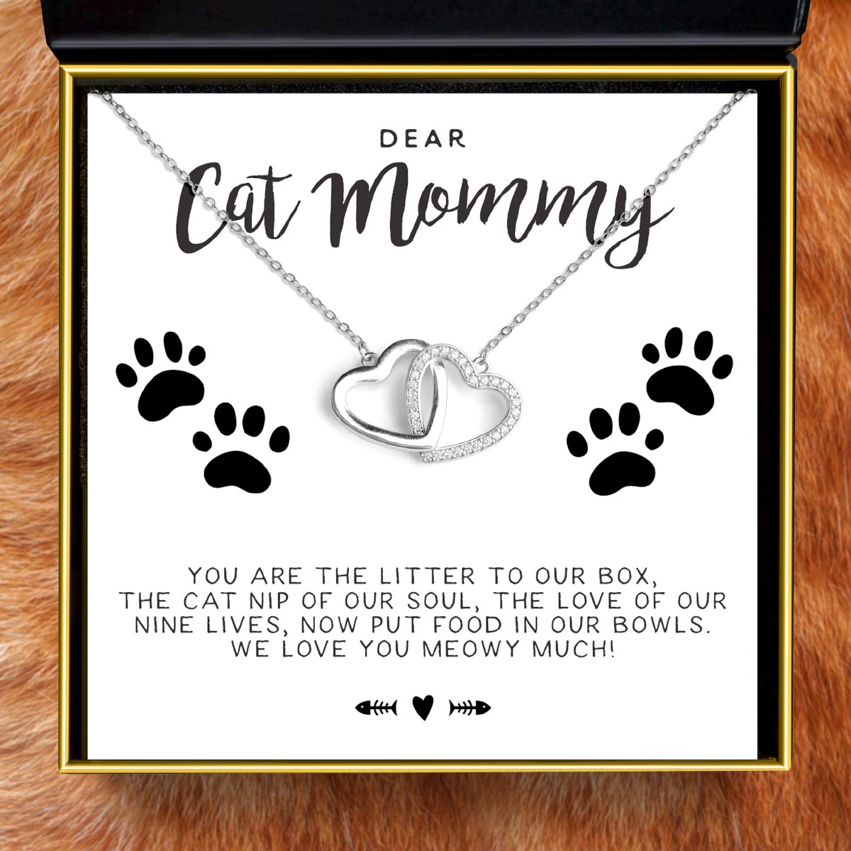 To My Cat Mommy - Sterling Silver Joined Hearts Necklace Gift Set