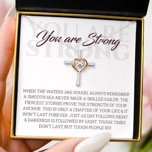 You Are Strong - Dancing Crystal Heart Cross Necklace Gift Set