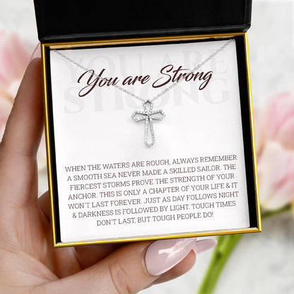 You Are Strong - Sterling Silver Crystal Cross Necklace Gift Set