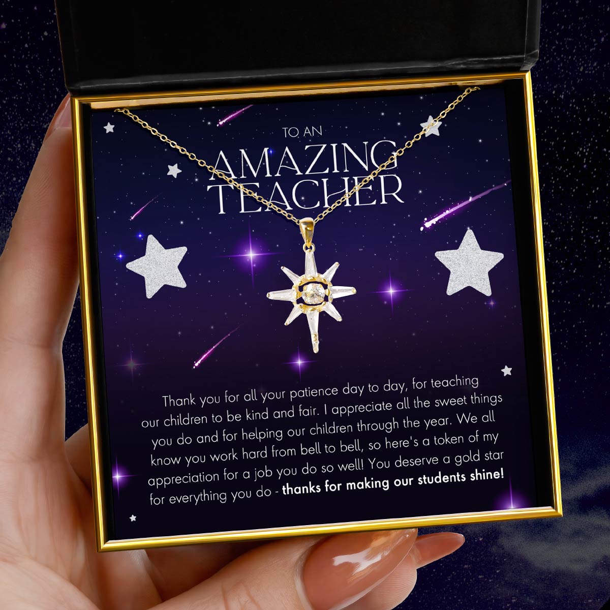 To An Amazing Teacher, Thank You - Dancing Crystal Gold Star Necklace Gift Set