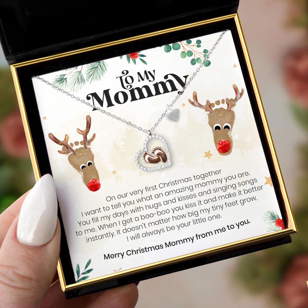 To My Mommy (Holiday Reindeer Card) - Baby Feet Heart Necklace Gift Set