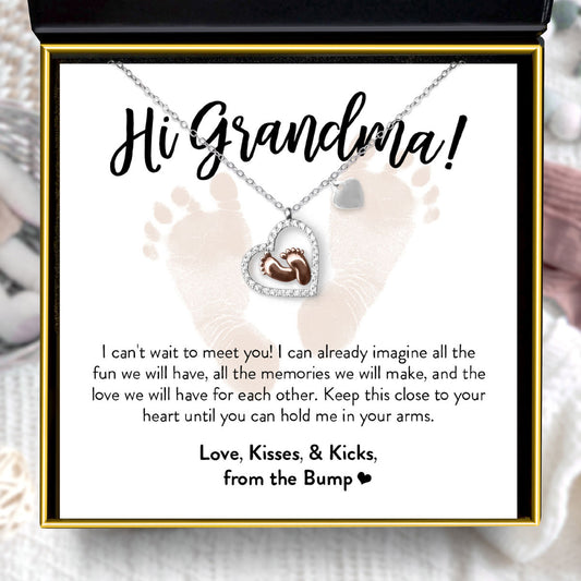 Hi Grandma, I Can't Wait to Meet You - Baby Feet Heart Necklace Gift Set