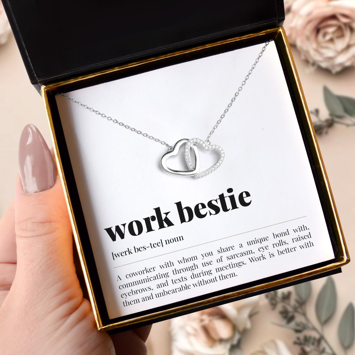 Work Bestie Noun - Sterling Silver Joined Hearts Necklace Gift Set