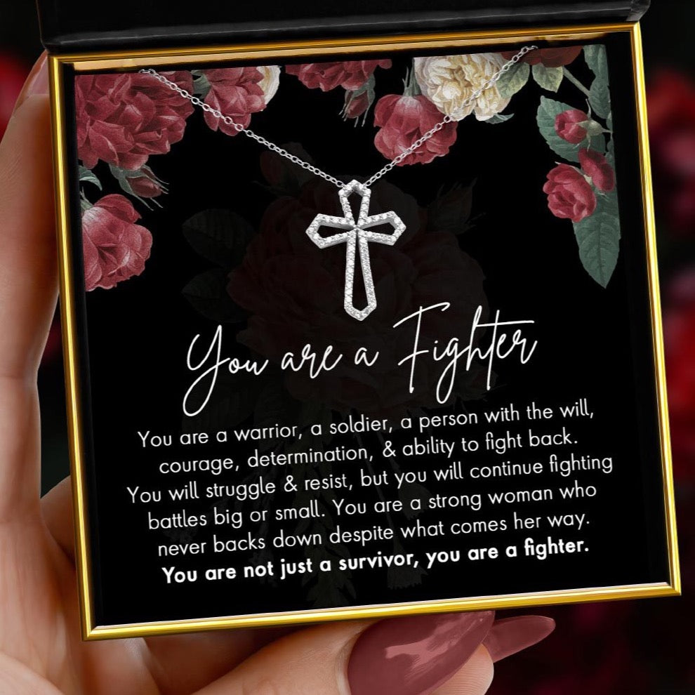 You Are A Fighter - Sterling Silver Crystal Cross Necklace Gift Set
