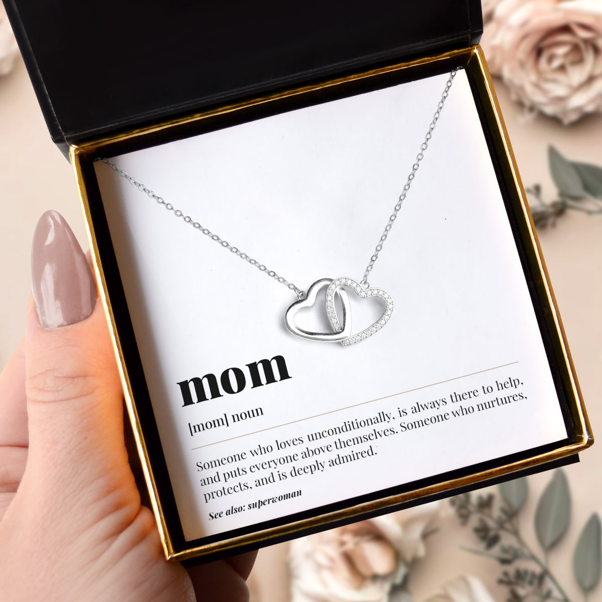 Mom Noun - Sterling Silver Joined Hearts Necklace Gift Set
