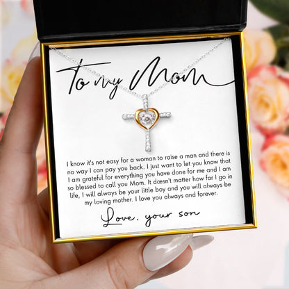To My Mom, Love Your Son - Dancing Crystal Heart Cross Necklace Gift Set