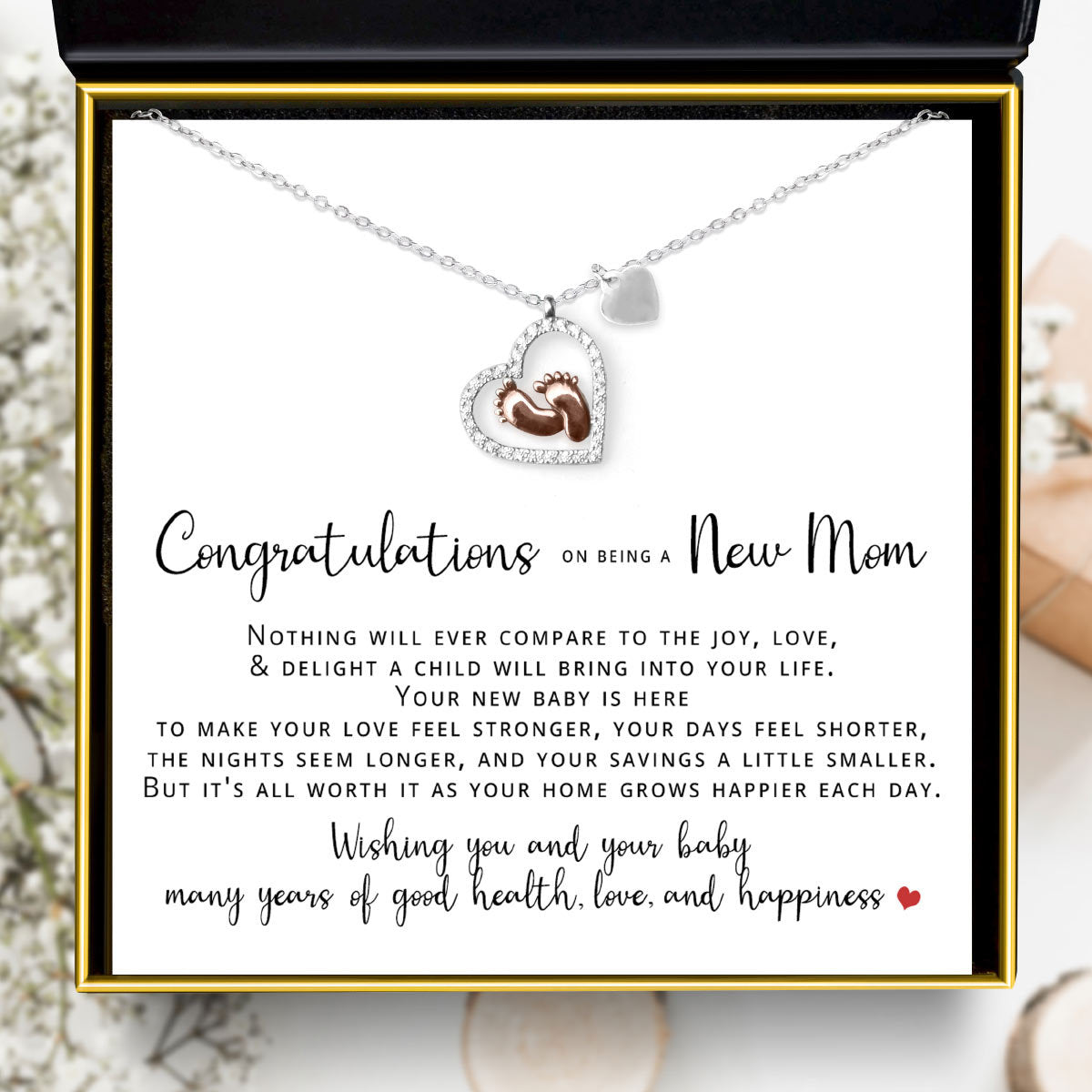 Congrats on Being a New Mom - Baby Feet Heart Pendant Necklace Gift Set