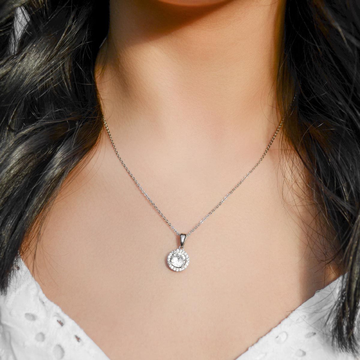 Happy Five Year Anniversary - Classique Sterling Silver Halo Pendant Necklace Gift Set