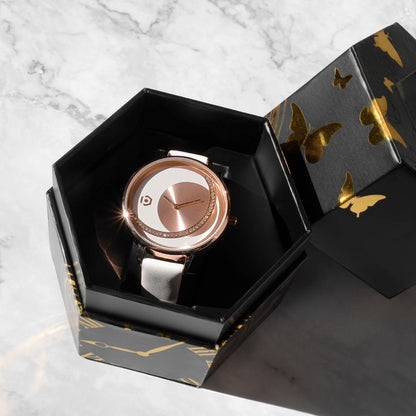 Gaia Tri-Tone Rose Gold White Leatherette Watch